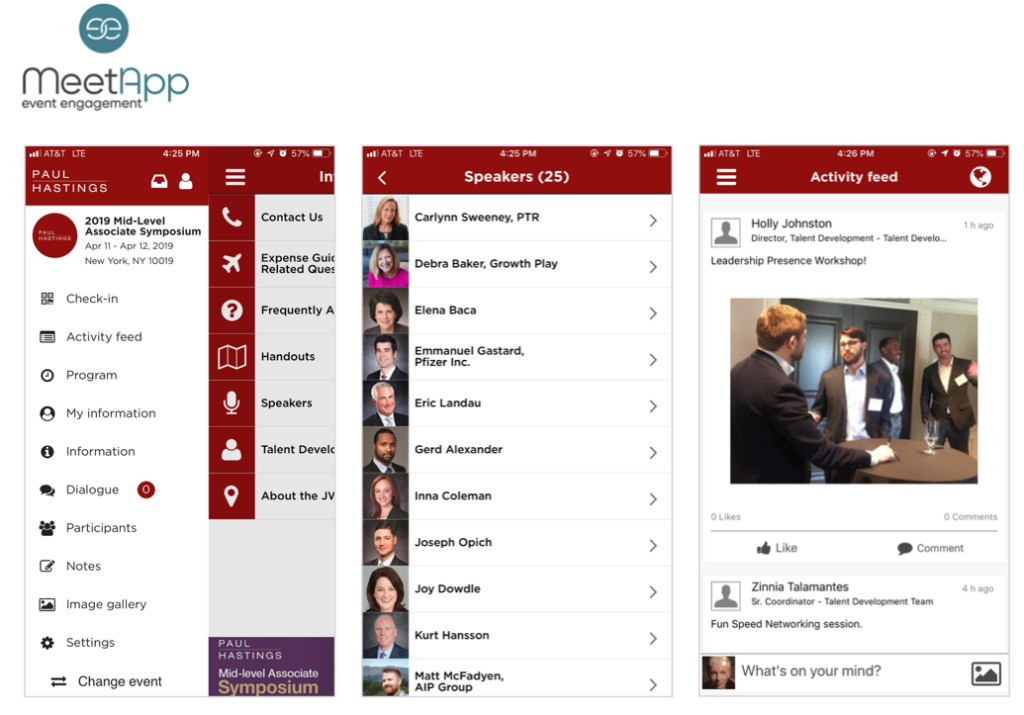 Screenshots of MeetApp event application with firm branding.