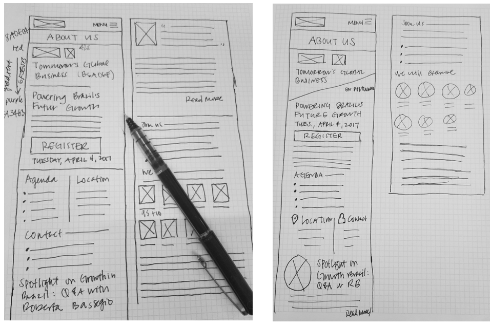 Hand-drawn sketches on graph paper with pen.